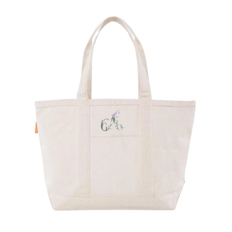Floral Initial on Medium Natural Canvas Tote