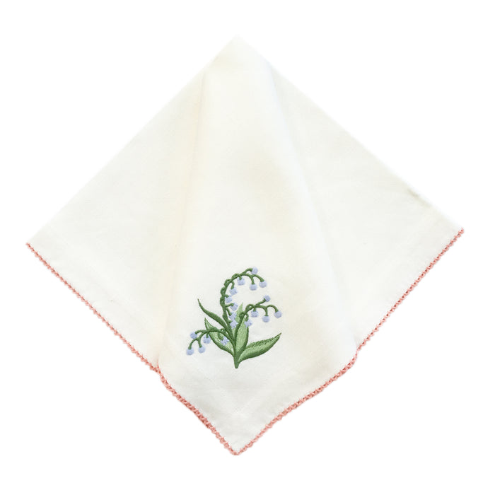 Lily of the Valley on Cream with Pink Picot Edge Dinner Napkins
