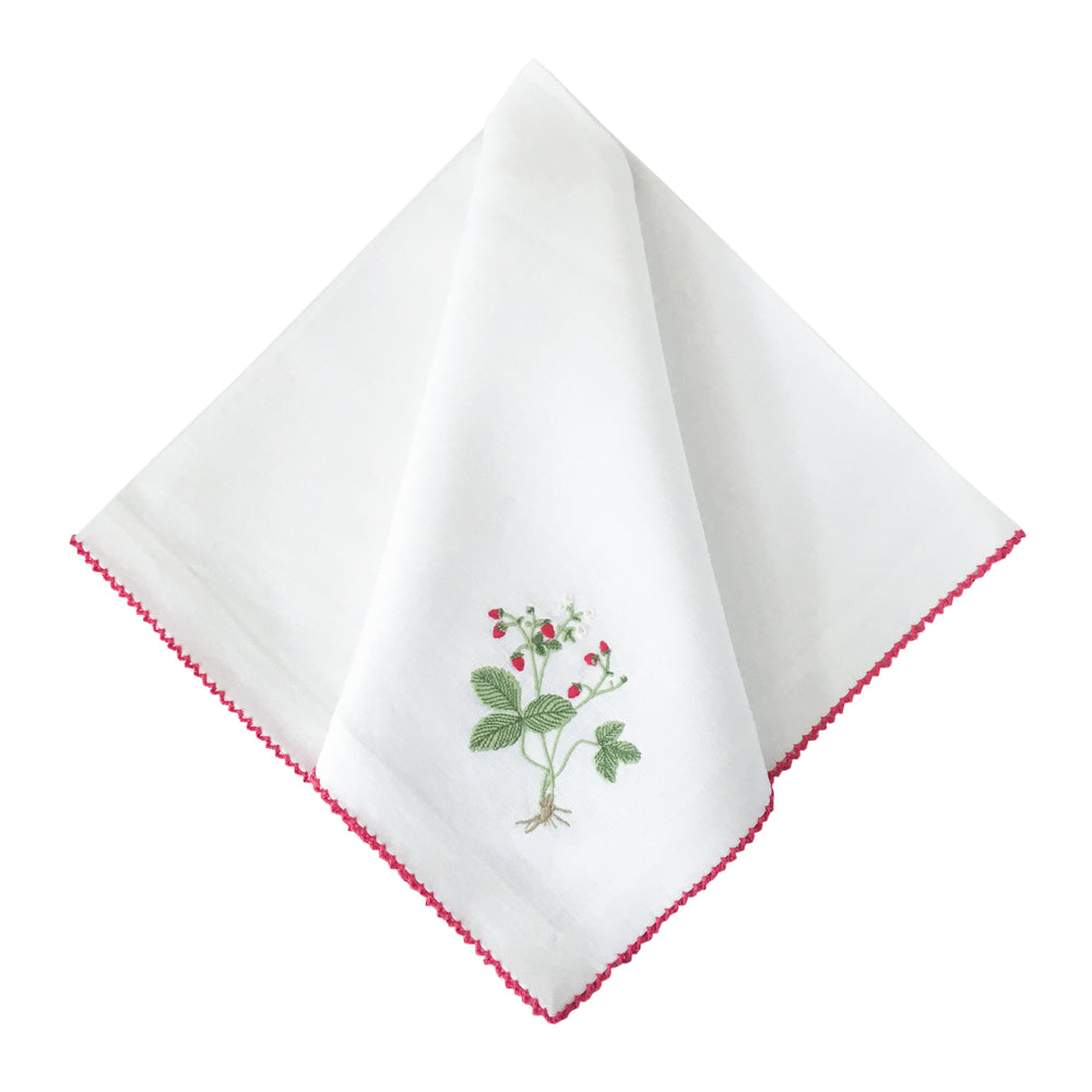 Wild Strawberries Dinner Napkins - White with Pink Picot Edge