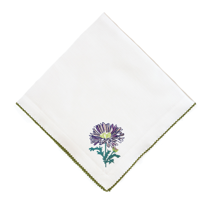 Summer Aster Dinner Napkins - White with Avocado Picot Edge