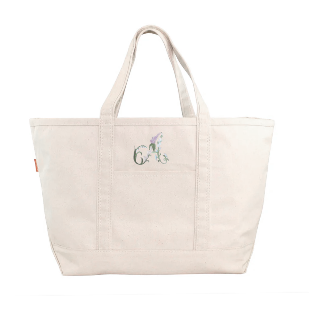 Floral Initial on Large Natural Boat Tote