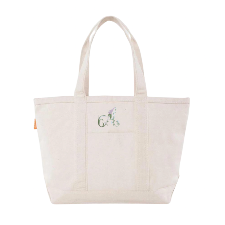 Floral Initial on Medium Natural Boat Tote