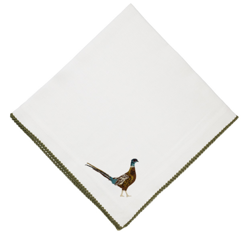 Pheasant Dinner Napkins-White with Avocado Picot Edge
