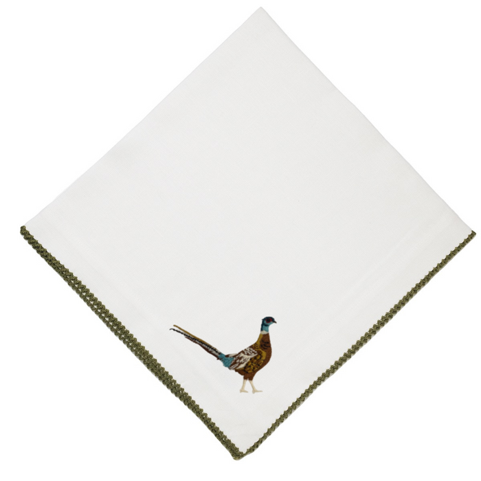 Pheasant Dinner Napkins-White with Avocado Picot Edge