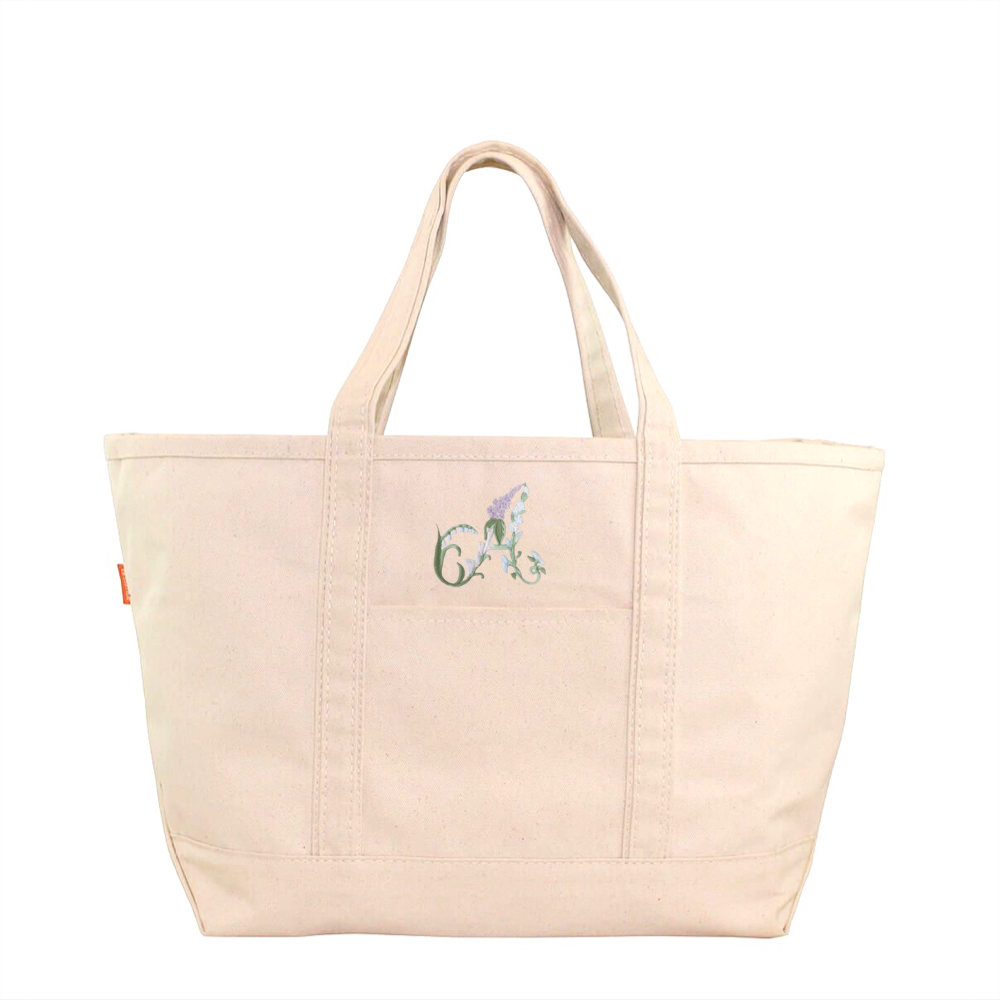 Floral Initial on Large Natural Boat Tote