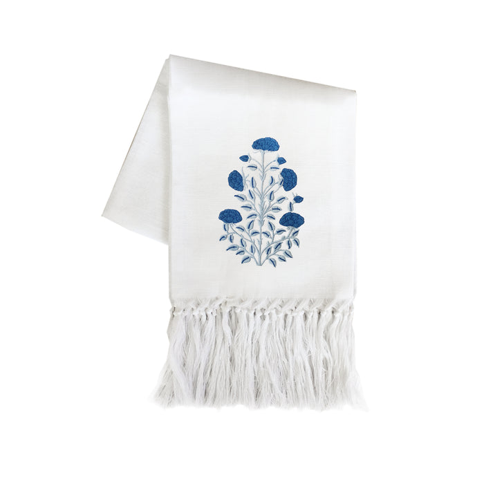 Zodiaco European Hand Towel - Long Fringe with Blue Marigold Embroidery
