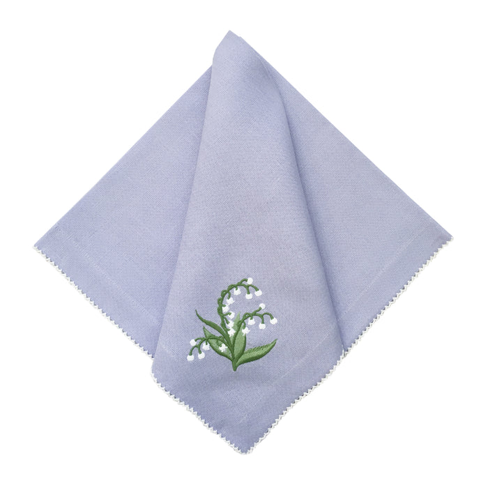 Lily of the Valley on White Pico Edge Purple Dinner Napkins