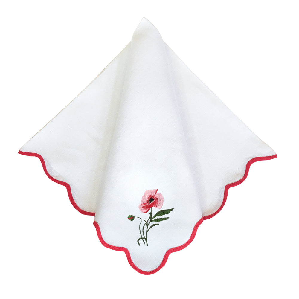 Pink Poppies on Red Wave Dinner Napkin