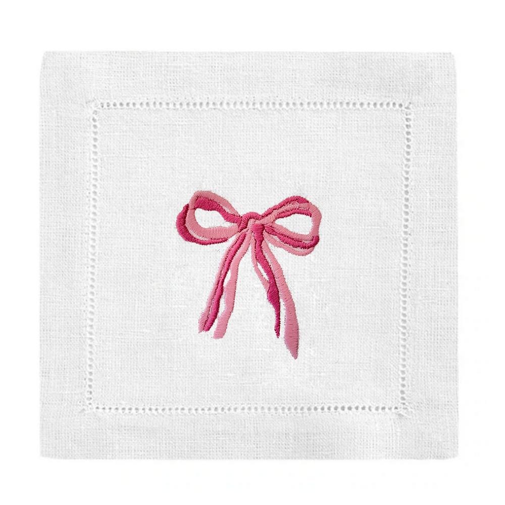 Pink Bow Square Hemstitch Cocktail Napkin